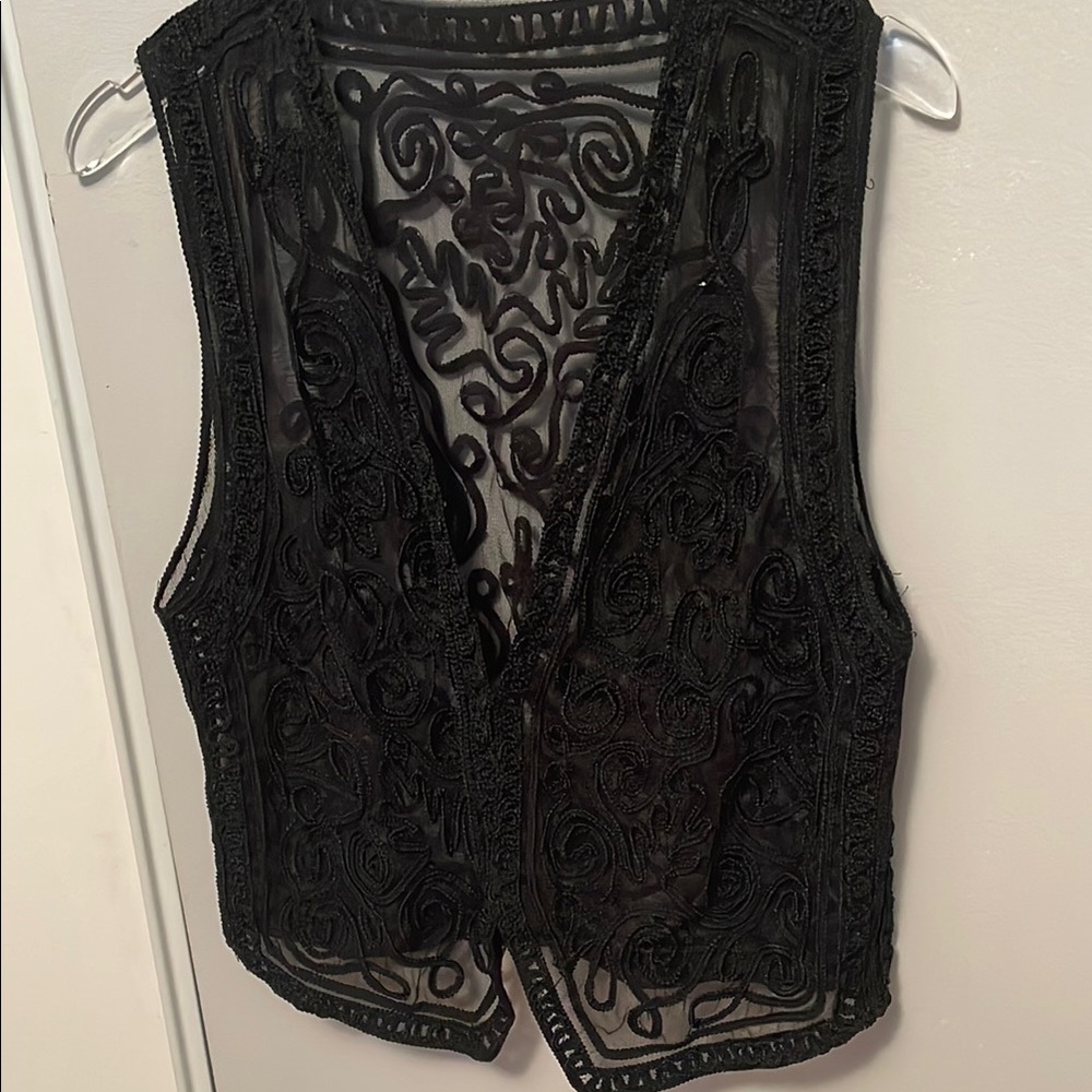 Black Sheer lace  Embroidered Vest with snap closure